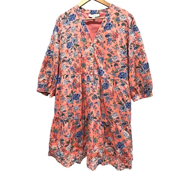 Loft Floral Short Sleeve Lined Swing Mini Dress, Cotton, Pink Blue, 16 - Picture 2 of 12